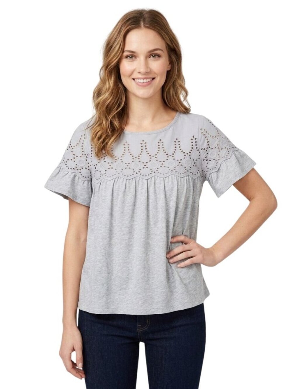 J.Crew Flutter Sieeve Eyelet Lace Gray Babydoll Sustainable Cotton Top Size S
